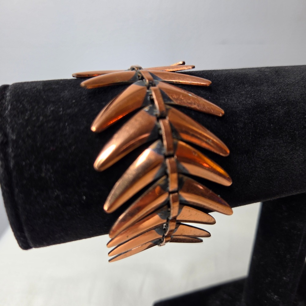 Vintage Brutalist Copper Spiked Link Bracelet Modernist Fishbone Chevron 7 Inch